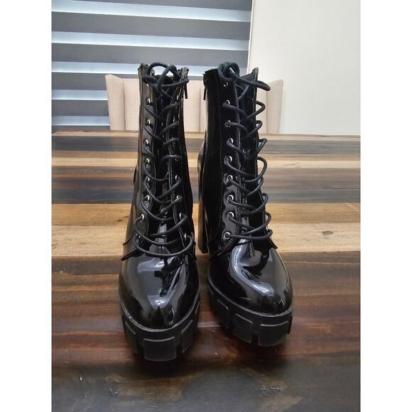 Wild Diva Black Patent Chunky Platform Lace-Up Boots Size 7.5 β Goth Vibes - Picture 3 of 11